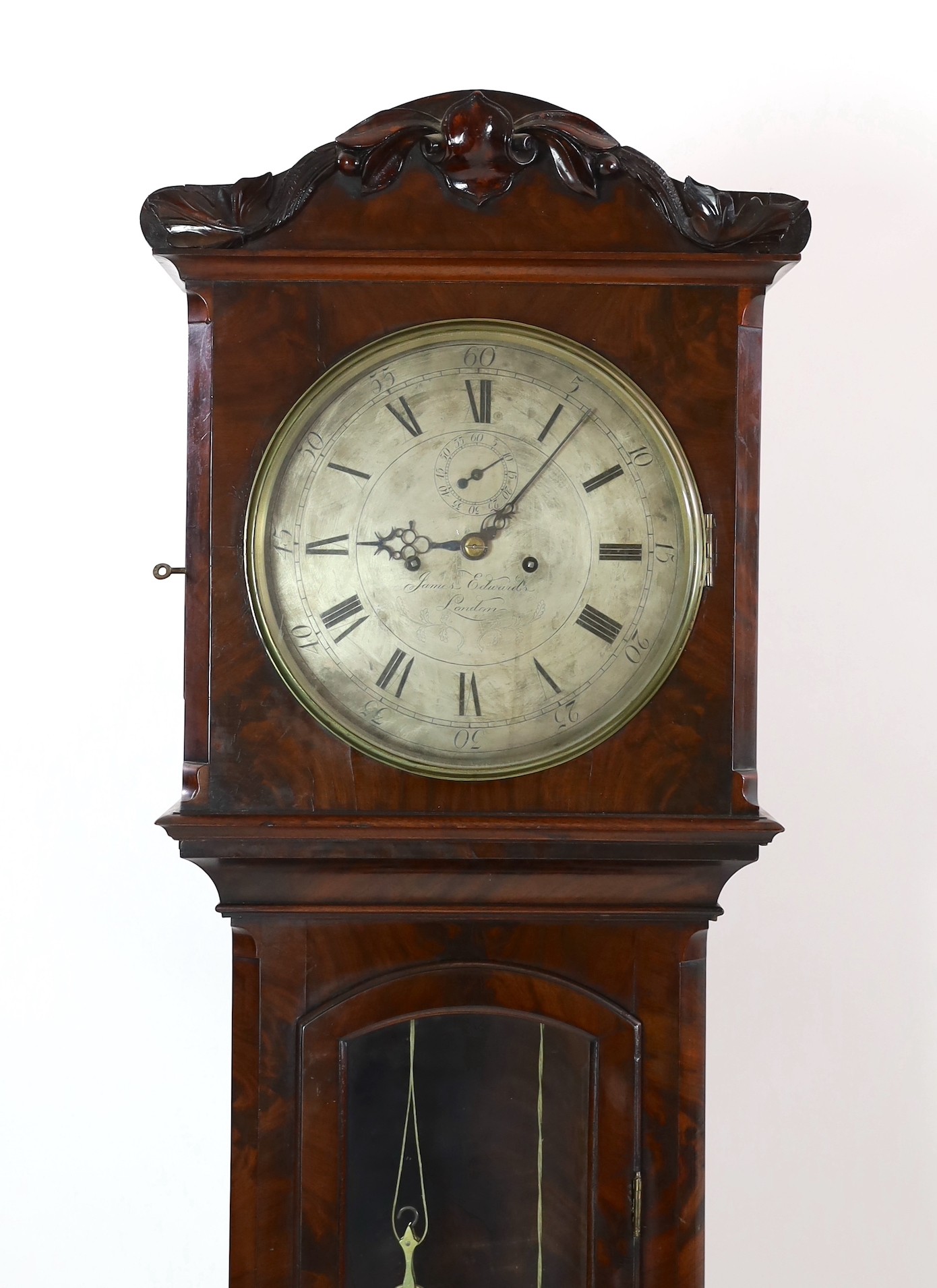 James Edwards of London. An early Victorian flame mahogany cased regulator, width 49cm height 208cm